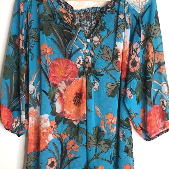 Figueroa & Flower Sheer Floral V-neck Long-sleeved sheer Blouse size medium boho - Picture 2 of 12